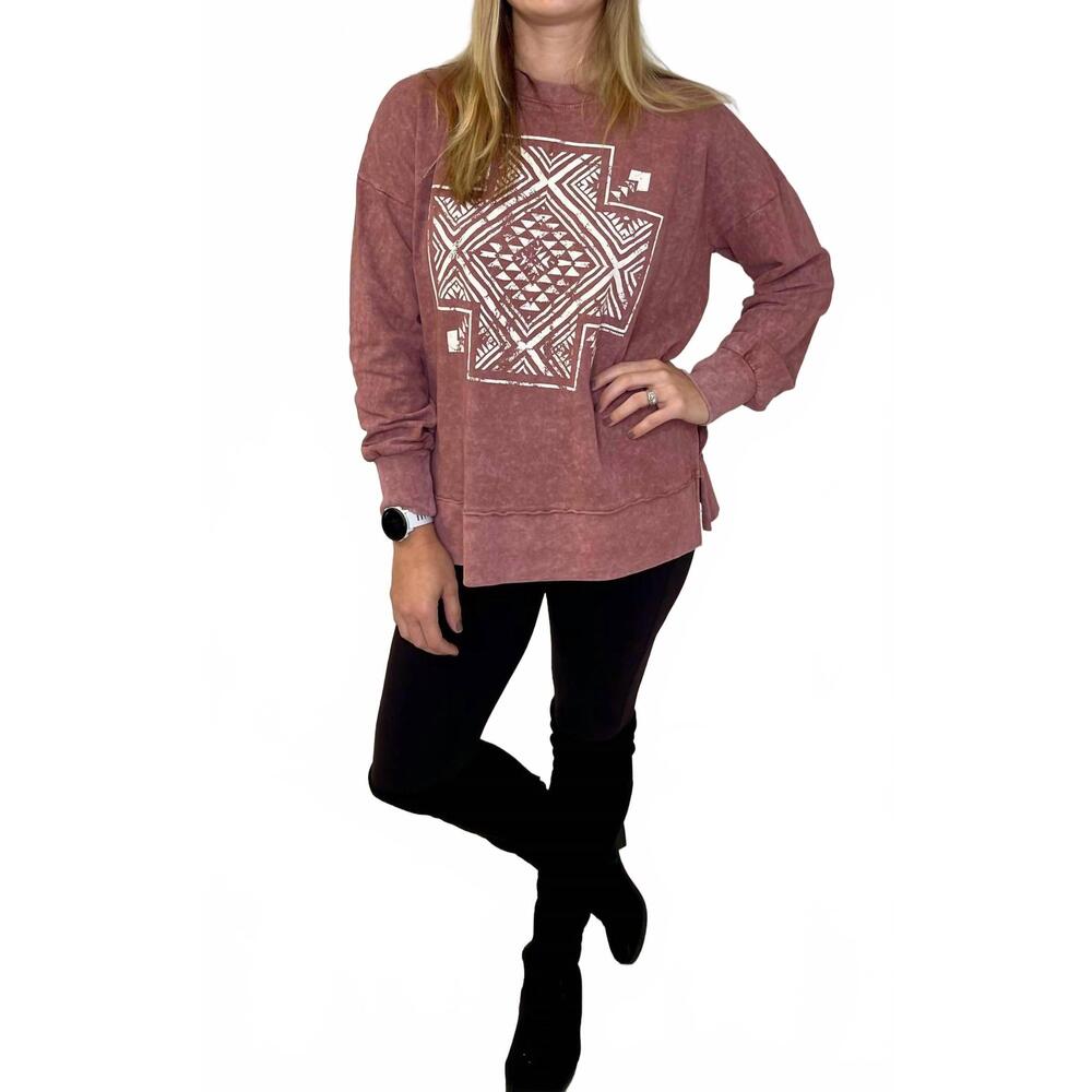 NEW TEXAS TRUE THREADS mineral wash aztec cross top in clay